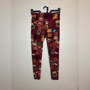 LuLaRoe OS Burgundy Travel Stamp Soft Leggings